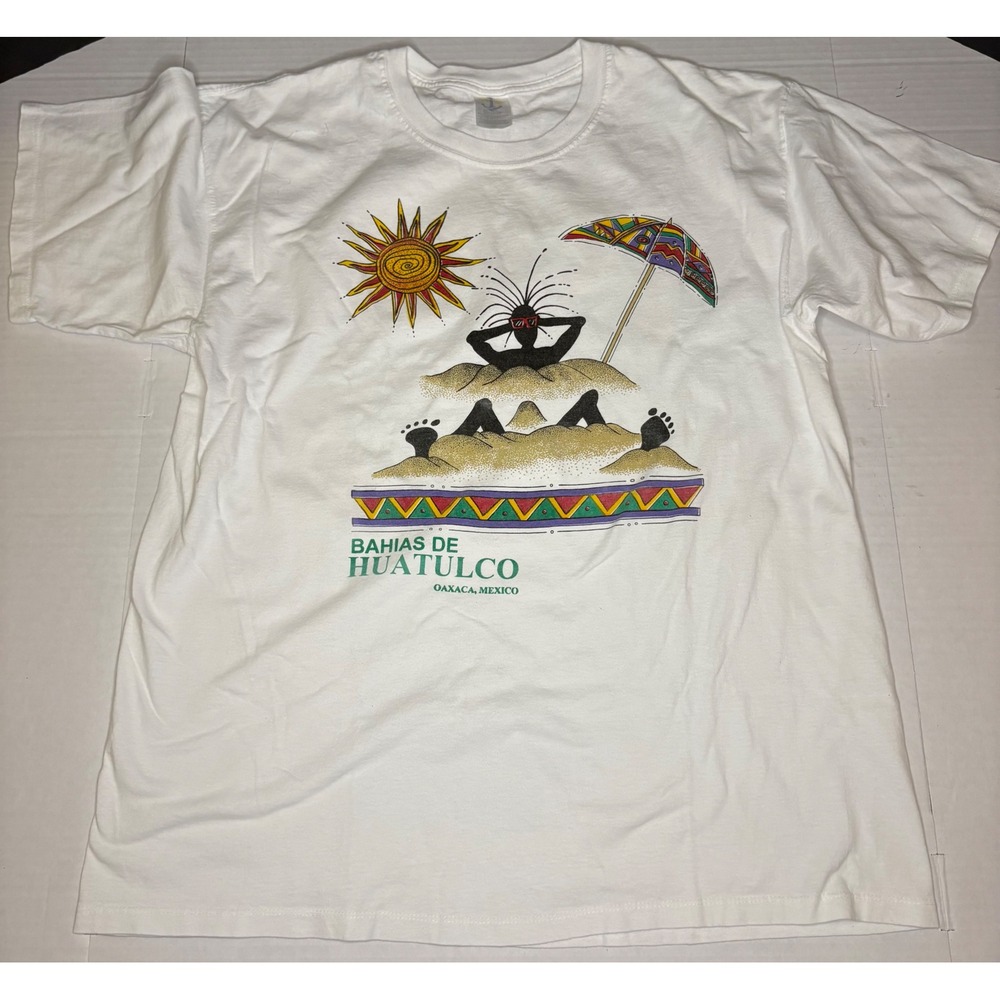 Vintage 90s Bahias De Huatulco Mexico Souvenir T-Shirt White XL Single Stitch
